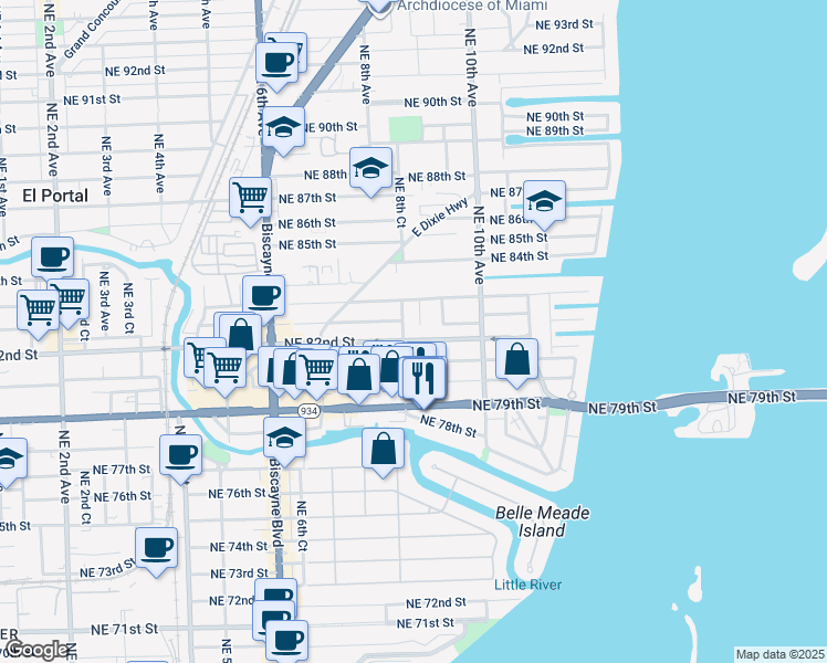 map of restaurants, bars, coffee shops, grocery stores, and more near 8255 Northeast 8th Court in Miami