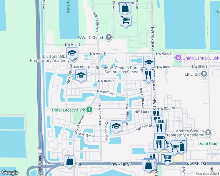 map of restaurants, bars, coffee shops, grocery stores, and more near 8526 Northwest 110th Place in Doral
