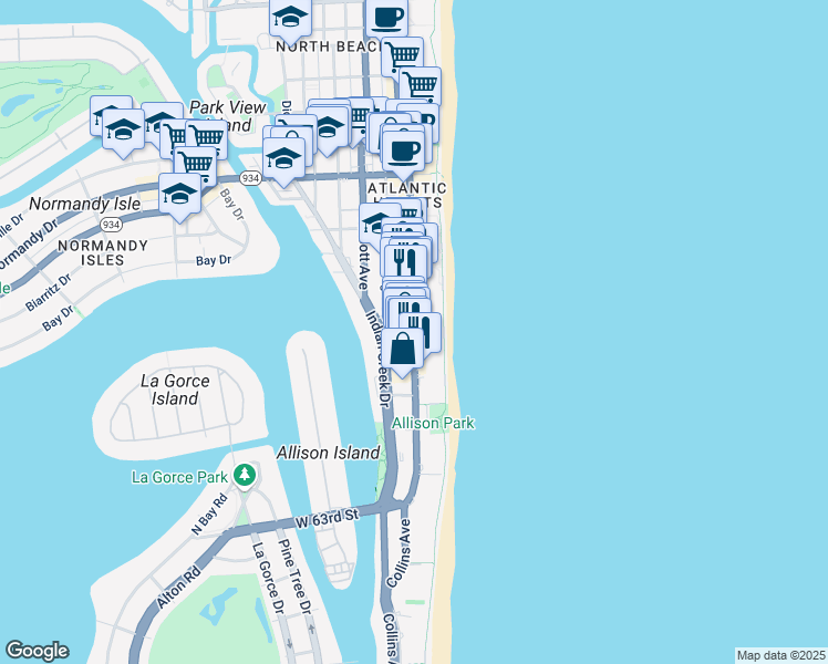 map of restaurants, bars, coffee shops, grocery stores, and more near Collins Ave & 67th St in Miami Beach