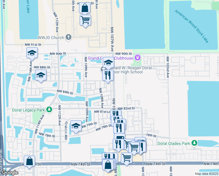 map of restaurants, bars, coffee shops, grocery stores, and more near 10754 Northwest 85th Terrace in Doral