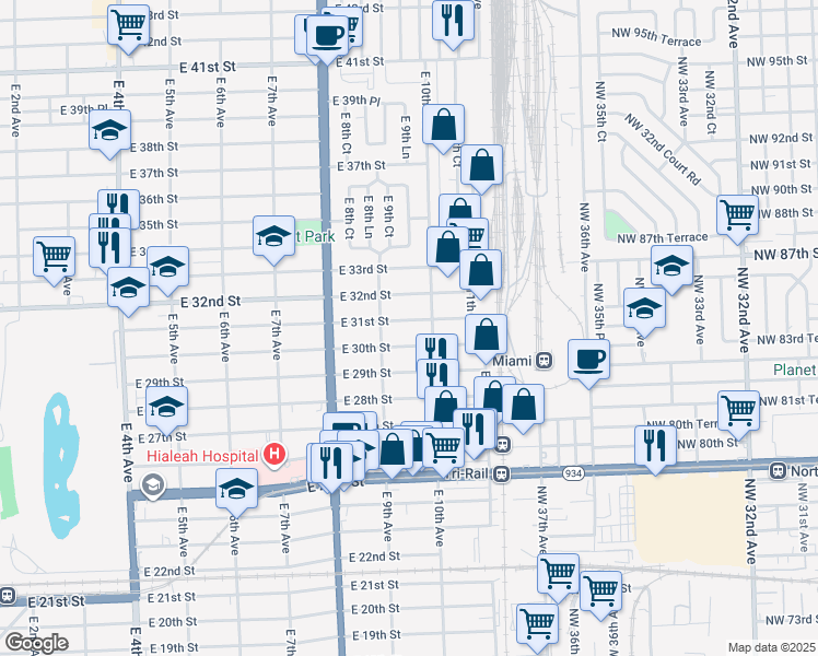 map of restaurants, bars, coffee shops, grocery stores, and more near 941 East 31st Street in Hialeah