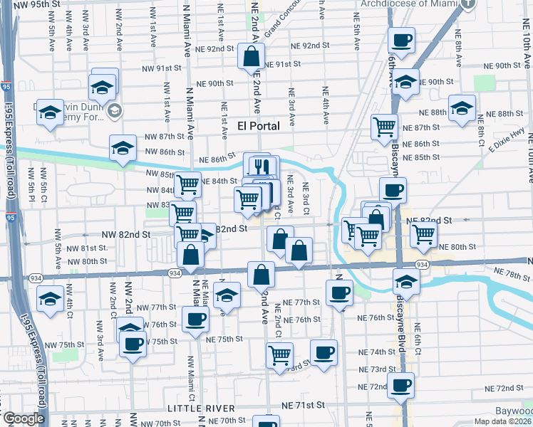map of restaurants, bars, coffee shops, grocery stores, and more near 8260 Northeast 2nd Avenue in Miami