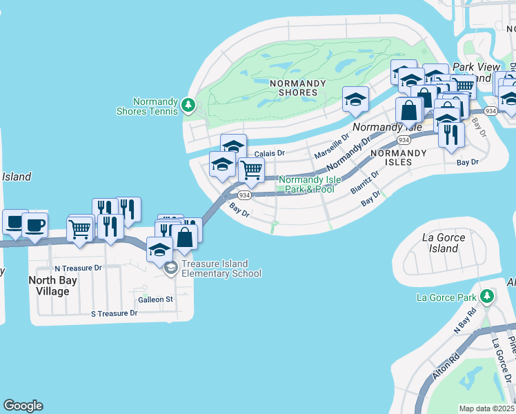 map of restaurants, bars, coffee shops, grocery stores, and more near 1950 Biarritz Drive in Miami Beach