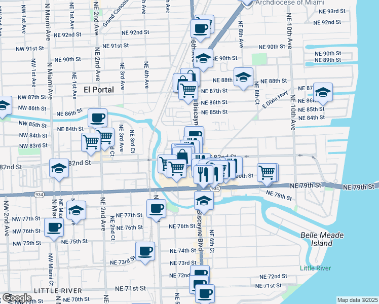 map of restaurants, bars, coffee shops, grocery stores, and more near 567 Northeast 82nd Terrace in Miami