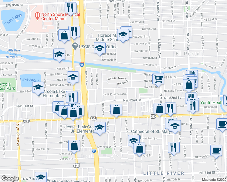 map of restaurants, bars, coffee shops, grocery stores, and more near 8290 Northwest 4th Avenue in Miami