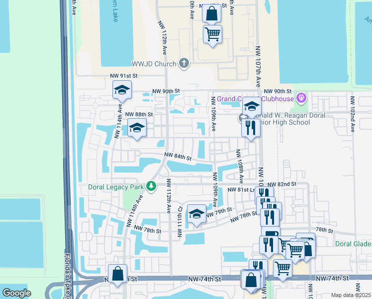 map of restaurants, bars, coffee shops, grocery stores, and more near 8526 Northwest 110th Place in Doral