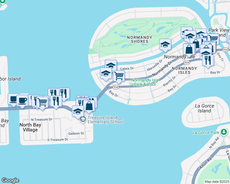 map of restaurants, bars, coffee shops, grocery stores, and more near 2011 Bay Drive in Miami Beach