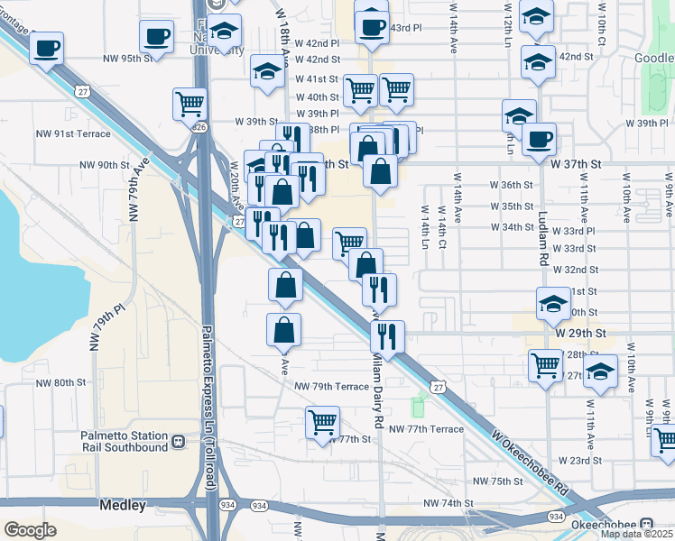 map of restaurants, bars, coffee shops, grocery stores, and more near 1662 West 32nd Place in Hialeah