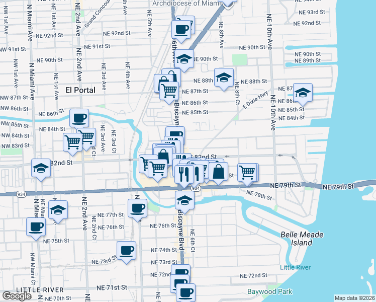 map of restaurants, bars, coffee shops, grocery stores, and more near 644 Northeast 82nd Terrace in Miami