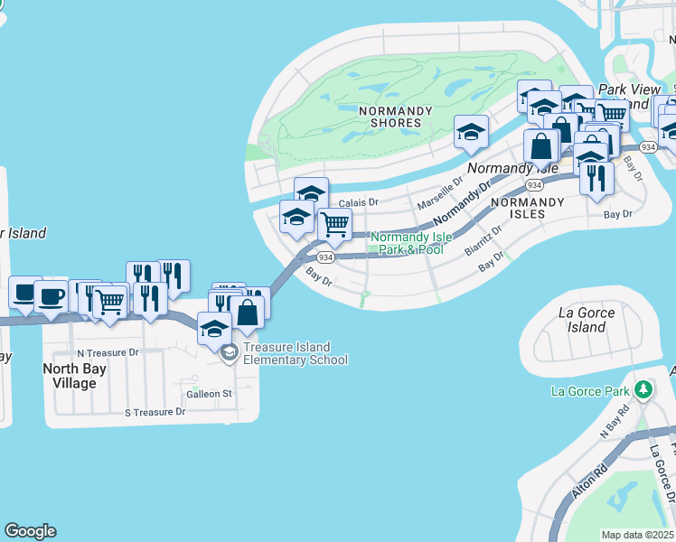 map of restaurants, bars, coffee shops, grocery stores, and more near 2000 Biarritz Drive in Miami