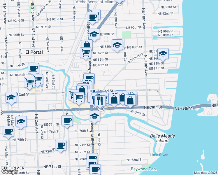 map of restaurants, bars, coffee shops, grocery stores, and more near 695 Northeast 82nd Terrace in Miami