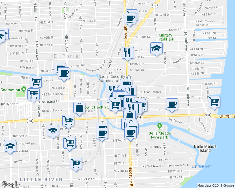 map of restaurants, bars, coffee shops, grocery stores, and more near 567 Northeast 82nd Terrace in Miami