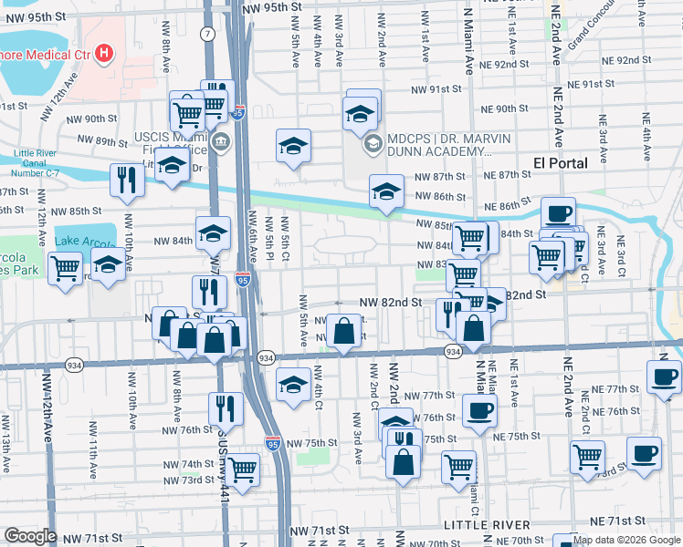 map of restaurants, bars, coffee shops, grocery stores, and more near in West Little River