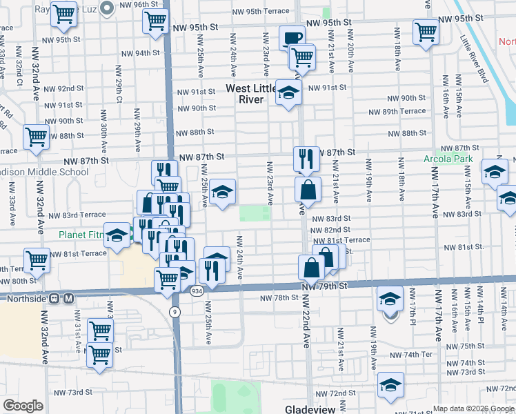 map of restaurants, bars, coffee shops, grocery stores, and more near in Miami
