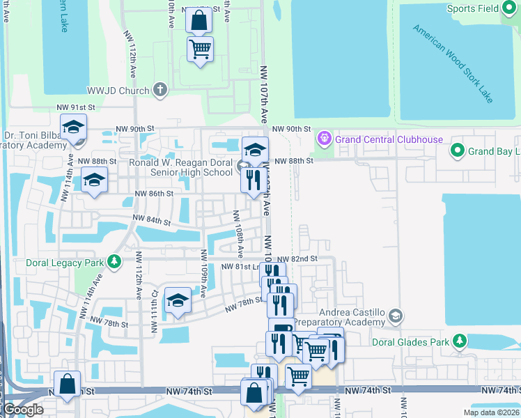 map of restaurants, bars, coffee shops, grocery stores, and more near 10754 Northwest 85th Terrace in Doral