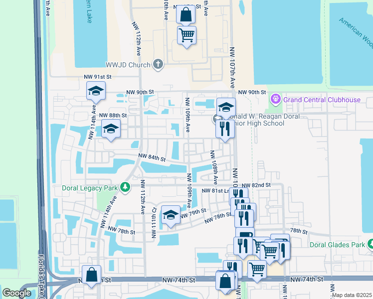 map of restaurants, bars, coffee shops, grocery stores, and more near 10892 Northwest 85th Terrace in Doral