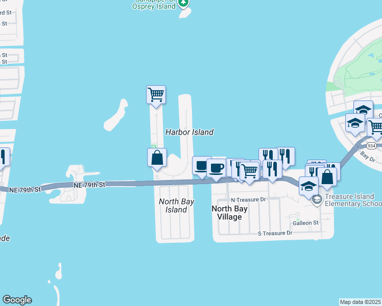 map of restaurants, bars, coffee shops, grocery stores, and more near 7915 East Drive in North Bay Village
