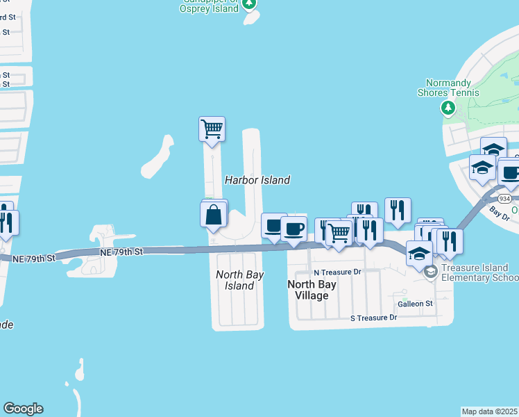 map of restaurants, bars, coffee shops, grocery stores, and more near 7915 East Drive in North Bay Village