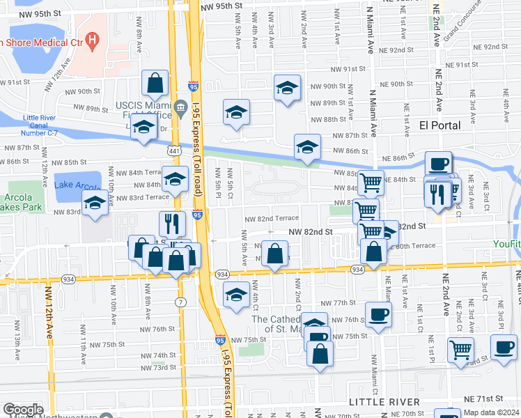 map of restaurants, bars, coffee shops, grocery stores, and more near 428 Northwest 83rd Street in Miami