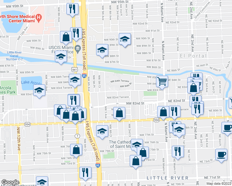 map of restaurants, bars, coffee shops, grocery stores, and more near 8292 Northwest 4th Avenue in Miami