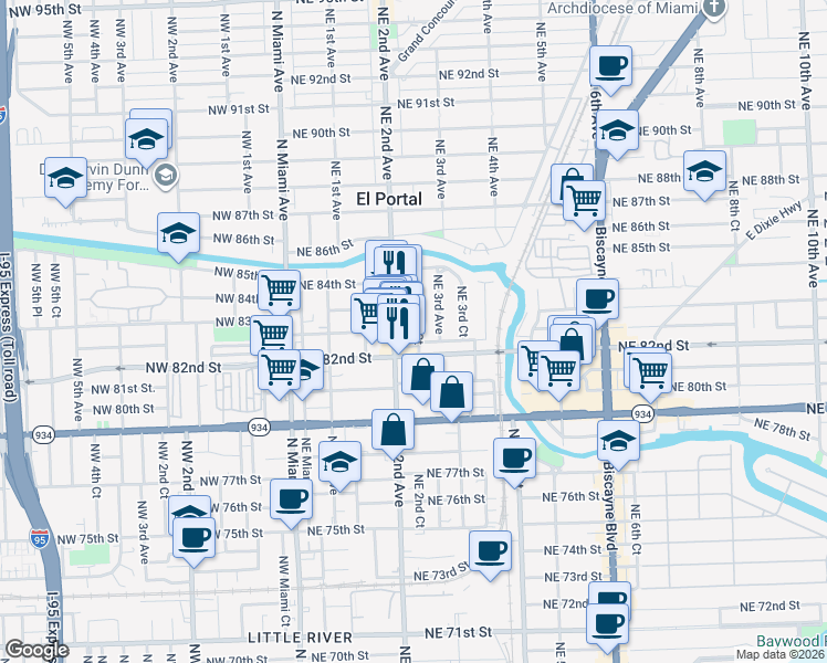 map of restaurants, bars, coffee shops, grocery stores, and more near 8260 Northeast 3rd Avenue in Miami
