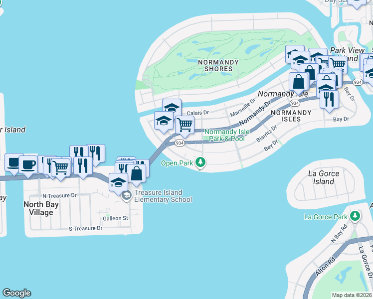 map of restaurants, bars, coffee shops, grocery stores, and more near 2000 Biarritz Drive in Miami