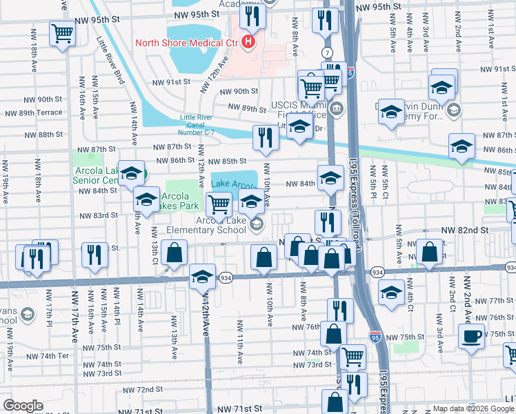 map of restaurants, bars, coffee shops, grocery stores, and more near 1029 Northwest 83rd Street in Miami