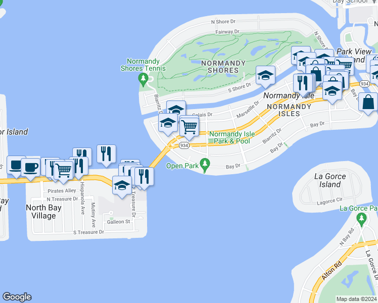 map of restaurants, bars, coffee shops, grocery stores, and more near 1980 Biarritz Drive in Miami Beach