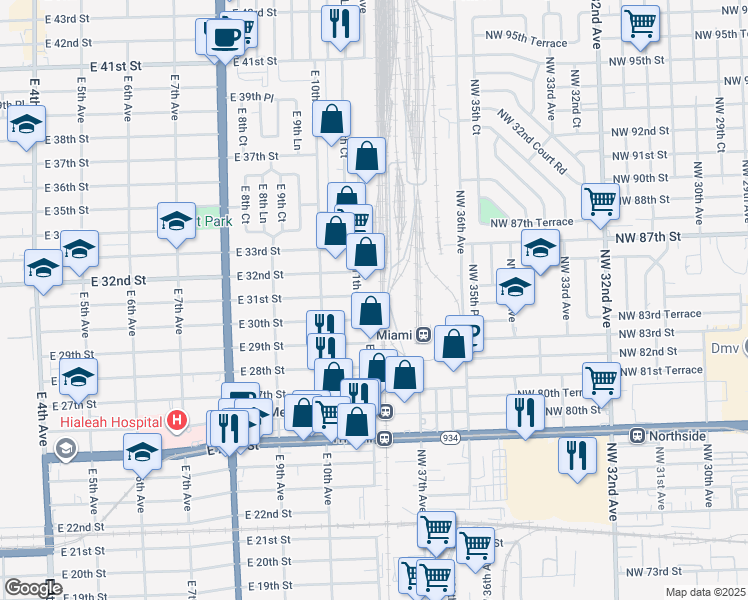 map of restaurants, bars, coffee shops, grocery stores, and more near 3095 East 11th Avenue in Hialeah