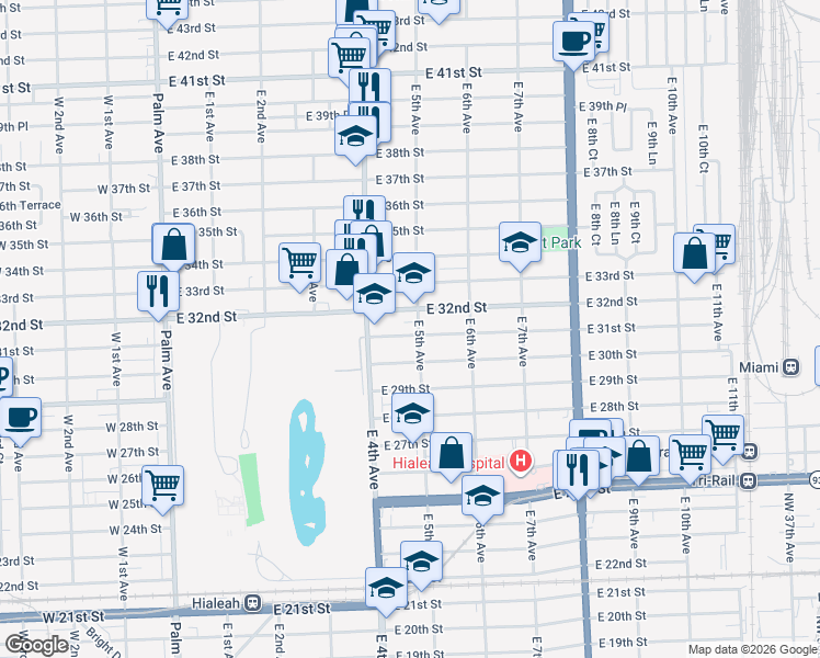 map of restaurants, bars, coffee shops, grocery stores, and more near 2 East 5th Avenue in Hialeah
