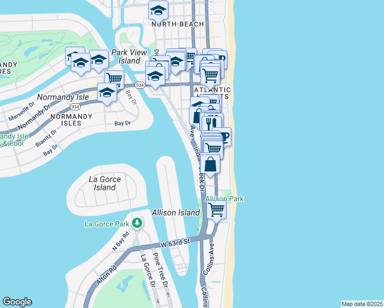 map of restaurants, bars, coffee shops, grocery stores, and more near 6700 Indian Creek Drive in Miami Beach
