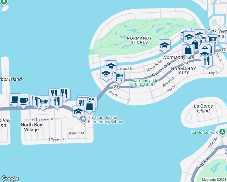 map of restaurants, bars, coffee shops, grocery stores, and more near 2000 Biarritz Drive in Miami