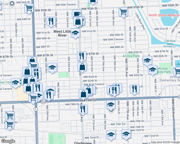 map of restaurants, bars, coffee shops, grocery stores, and more near 2110 Northwest 84th Street in Miami