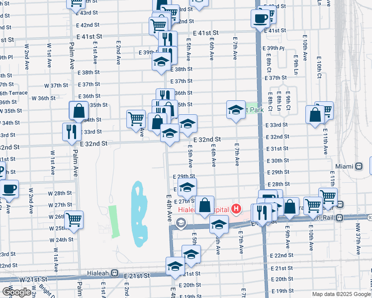 map of restaurants, bars, coffee shops, grocery stores, and more near 2 East 5th Avenue in Hialeah