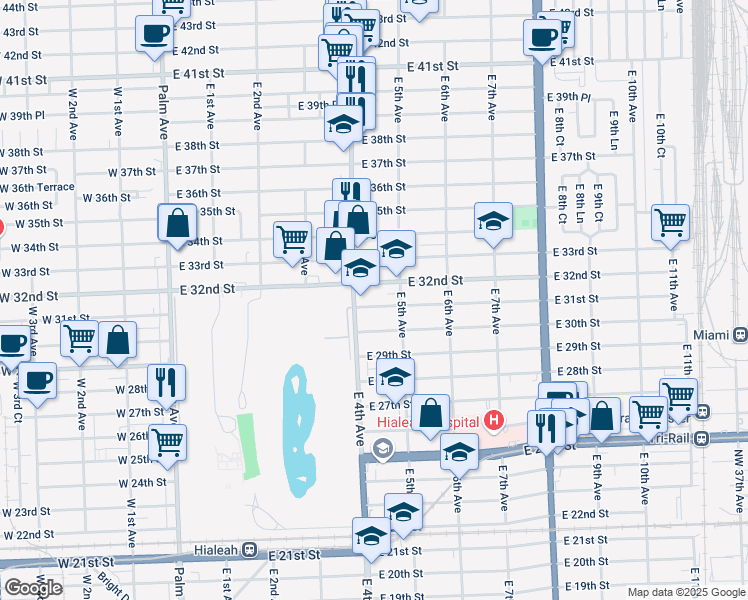 map of restaurants, bars, coffee shops, grocery stores, and more near 416 East 32nd Street in Hialeah