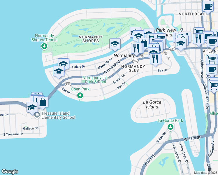 map of restaurants, bars, coffee shops, grocery stores, and more near 1610 Biarritz Drive in Miami Beach