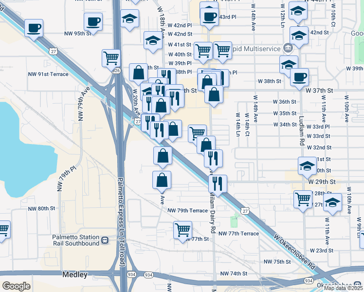 map of restaurants, bars, coffee shops, grocery stores, and more near 1785 West 32nd Place in Hialeah