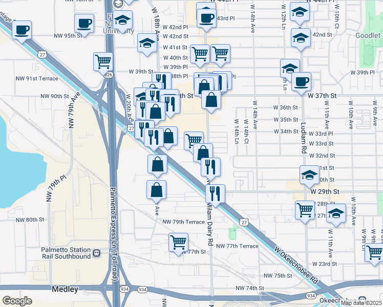 map of restaurants, bars, coffee shops, grocery stores, and more near 1662 West 32nd Place in Hialeah