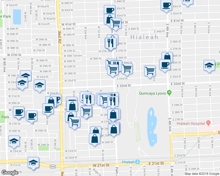 map of restaurants, bars, coffee shops, grocery stores, and more near 22 West 32nd Street in Hialeah