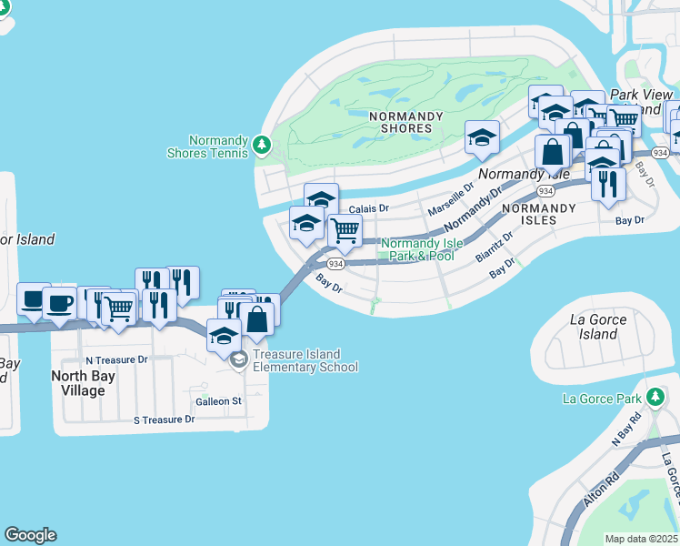 map of restaurants, bars, coffee shops, grocery stores, and more near 2000 Biarritz Drive in Miami