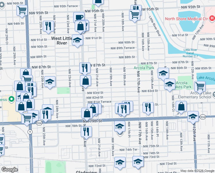 map of restaurants, bars, coffee shops, grocery stores, and more near 1940 Northwest 84th Street in Miami