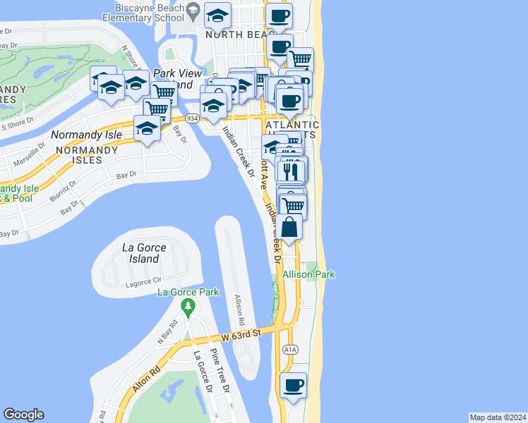 map of restaurants, bars, coffee shops, grocery stores, and more near 6700 Indian Creek Drive in Miami Beach