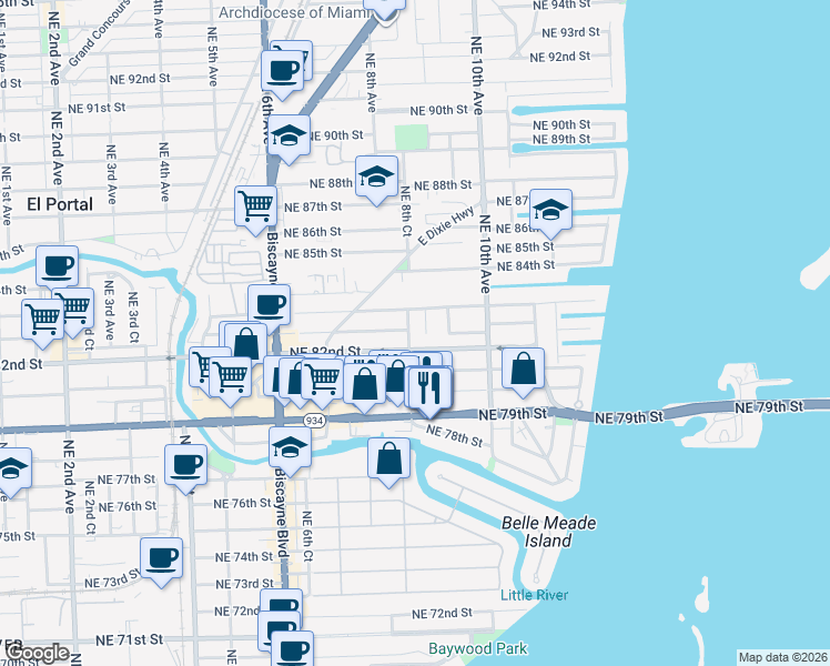 map of restaurants, bars, coffee shops, grocery stores, and more near 8255 Northeast 8th Court in Miami