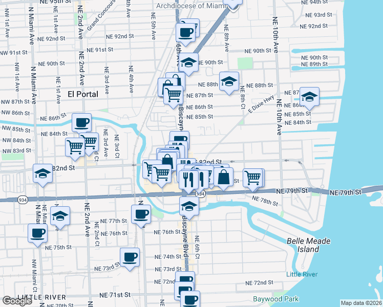 map of restaurants, bars, coffee shops, grocery stores, and more near in Miami