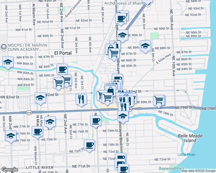 map of restaurants, bars, coffee shops, grocery stores, and more near 461 Northeast 82nd Terrace in Miami