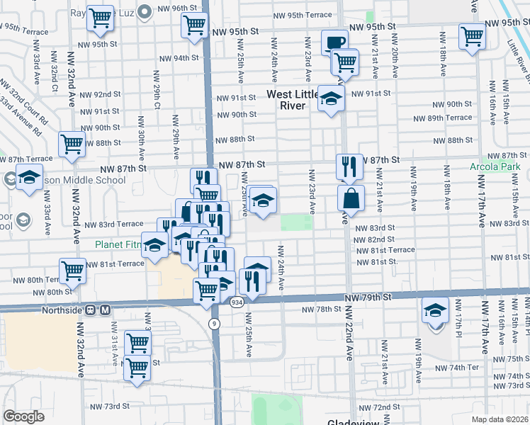 map of restaurants, bars, coffee shops, grocery stores, and more near 8400 Northwest 24th Avenue in Miami