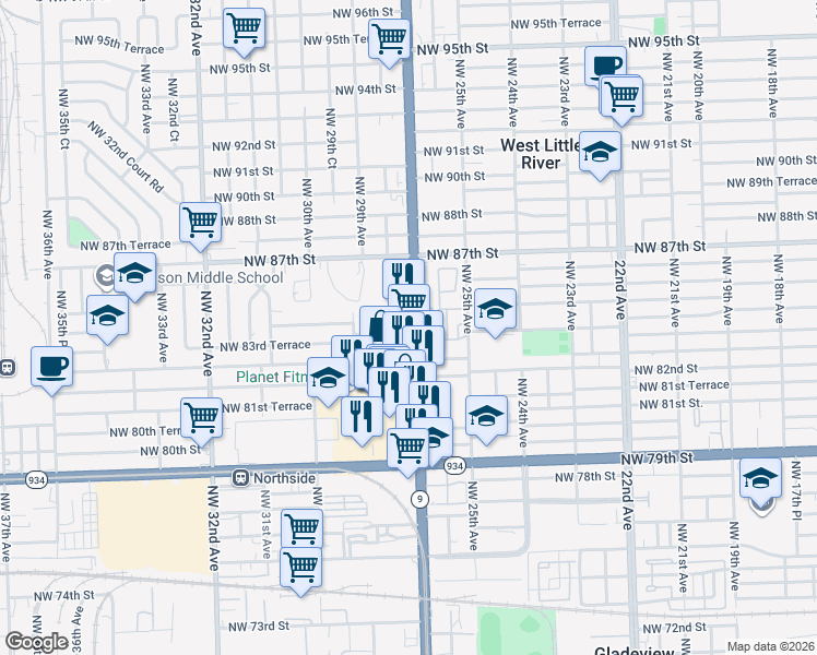 map of restaurants, bars, coffee shops, grocery stores, and more near 8440 Northwest 27th Avenue in Miami