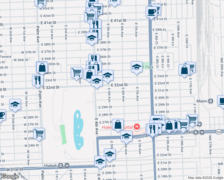 map of restaurants, bars, coffee shops, grocery stores, and more near 2 East 5th Avenue in Hialeah