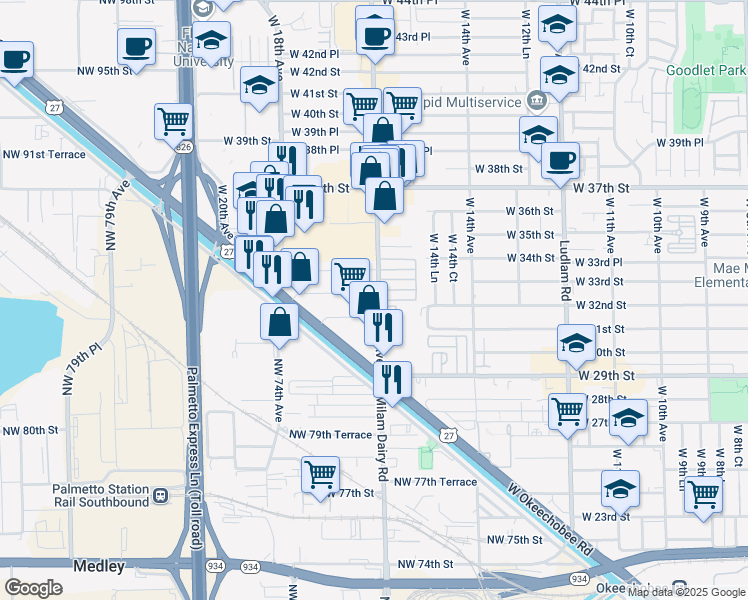map of restaurants, bars, coffee shops, grocery stores, and more near 3210 West 16th Avenue in Hialeah