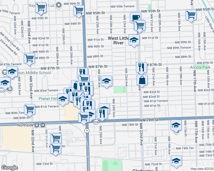 map of restaurants, bars, coffee shops, grocery stores, and more near 8400 Northwest 24th Avenue in Miami